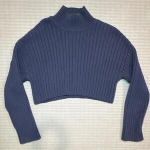 ZARA Women's Ribbed Knit Pullover Sweater Blue Mock Neck Cropped Size S